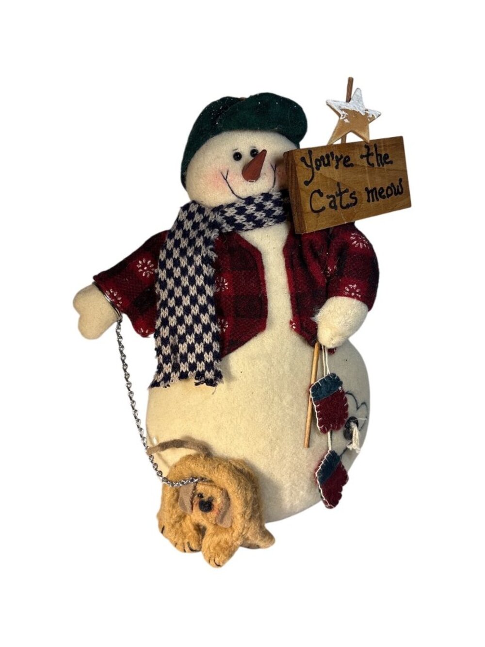 Youre The Cats Meow Snowman Decor With Dog Plaid Jacket & Mittens Felt 11" Tall